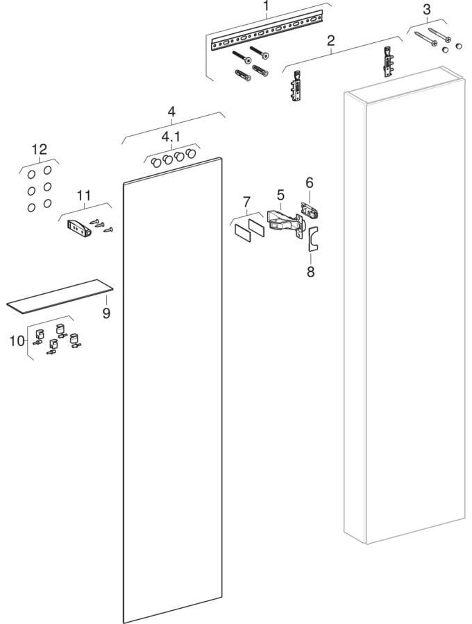 Sprängskiss: Geberit iCon dörr för högskåp, med en dörr och invändig backspegel, kompakt: B=45cm, vit / Glas