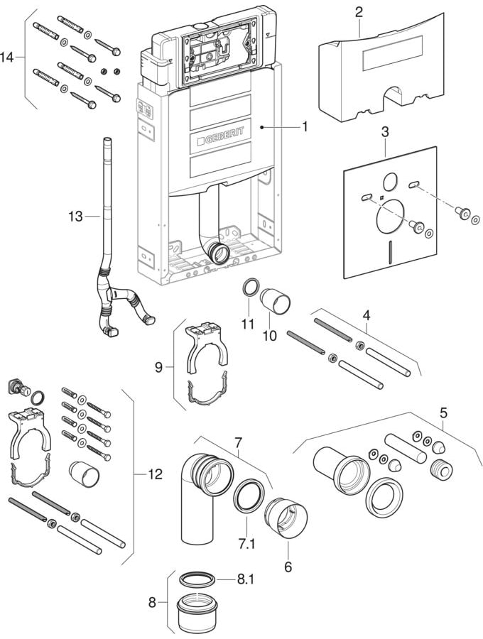 Prvky Geberit Kombifix pre závesné WC, s podomietkovou splachovacou nádržkou Sigma 12 cm (UP320)