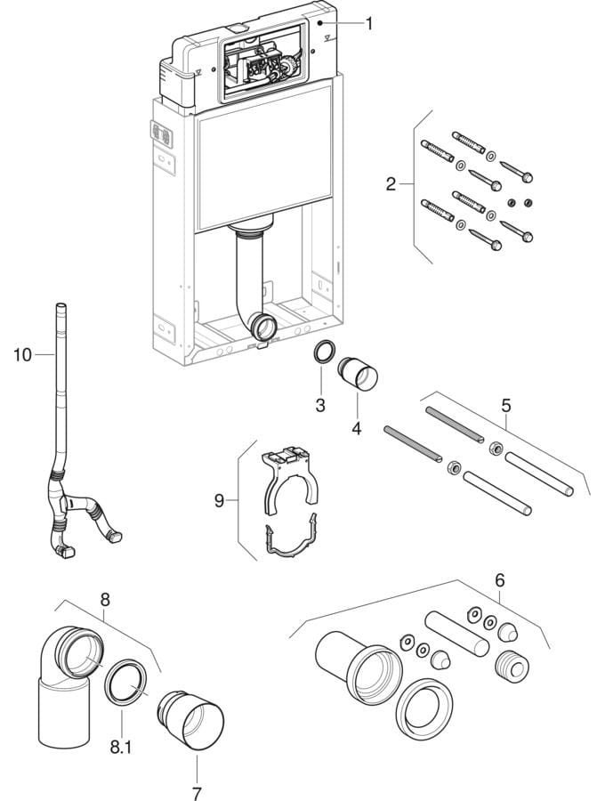 Geberit Kombifix elements for wall-hung WC, with Delta concealed cistern 12 cm (UP100)