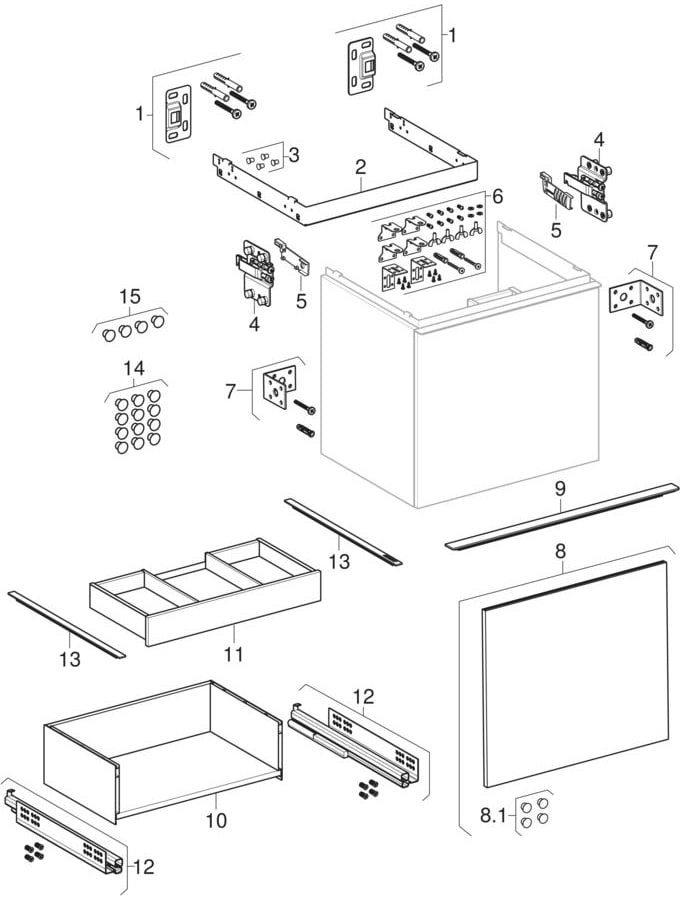 Lavabo dolapları, bir çekmeceli ve bir iç çekmeceli (Geberit Acanto)