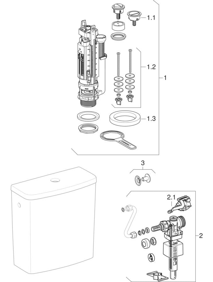 Exposed cisterns, close-coupled, dual flush, lateral water supply connection, square design (Geberit Renova, Renova No. 1)