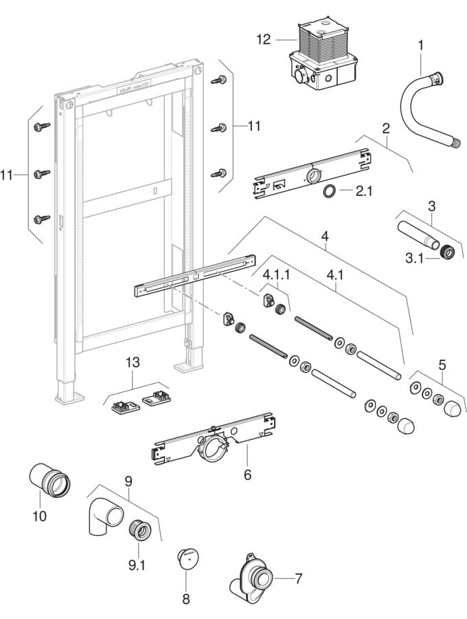 Estruturas para urinol Geberit Duofix, 98 cm, universal, descarga de topo