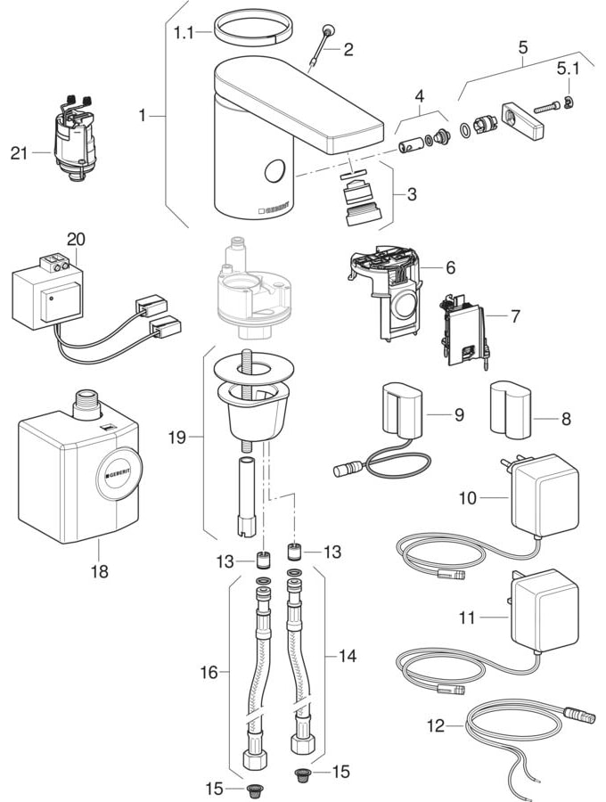 Washbasin taps type 186, mains / battery / generator operation