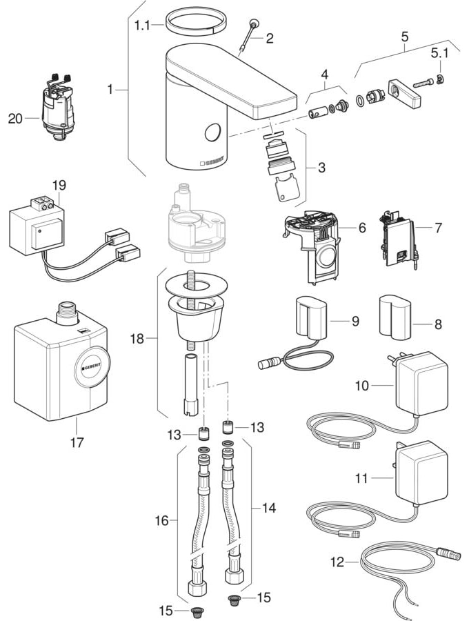 Armature za umivaonik tip 186, mrežno napajanje / napajanje baterijama / napajanje generatorom