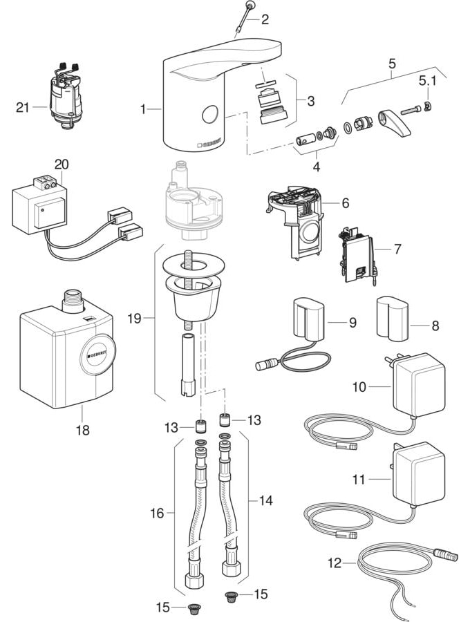 Washbasin taps type 185, mains / battery / generator operation
