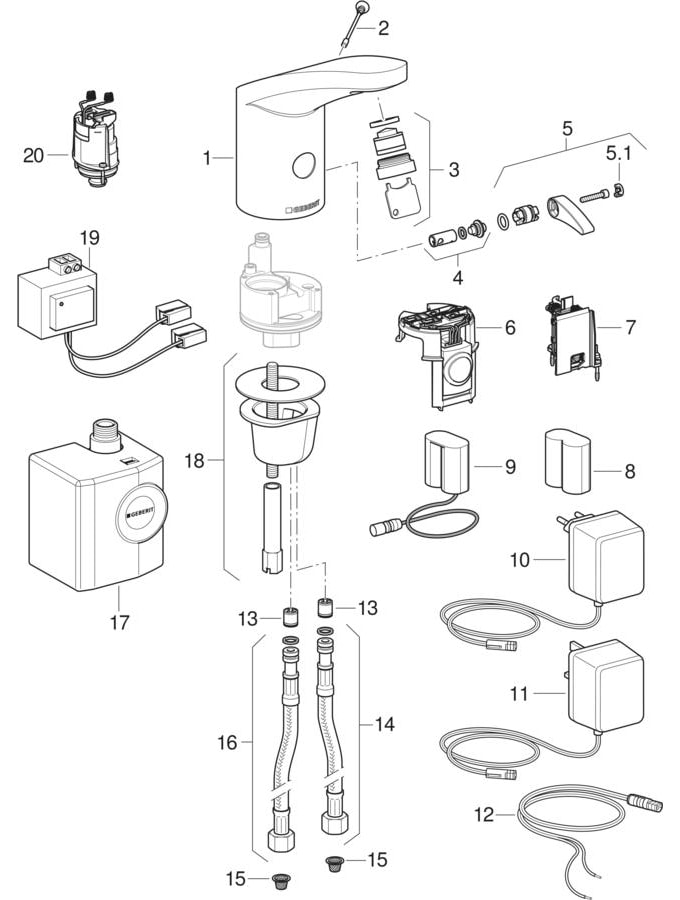 Washbasin taps type 185, mains / battery / generator operation