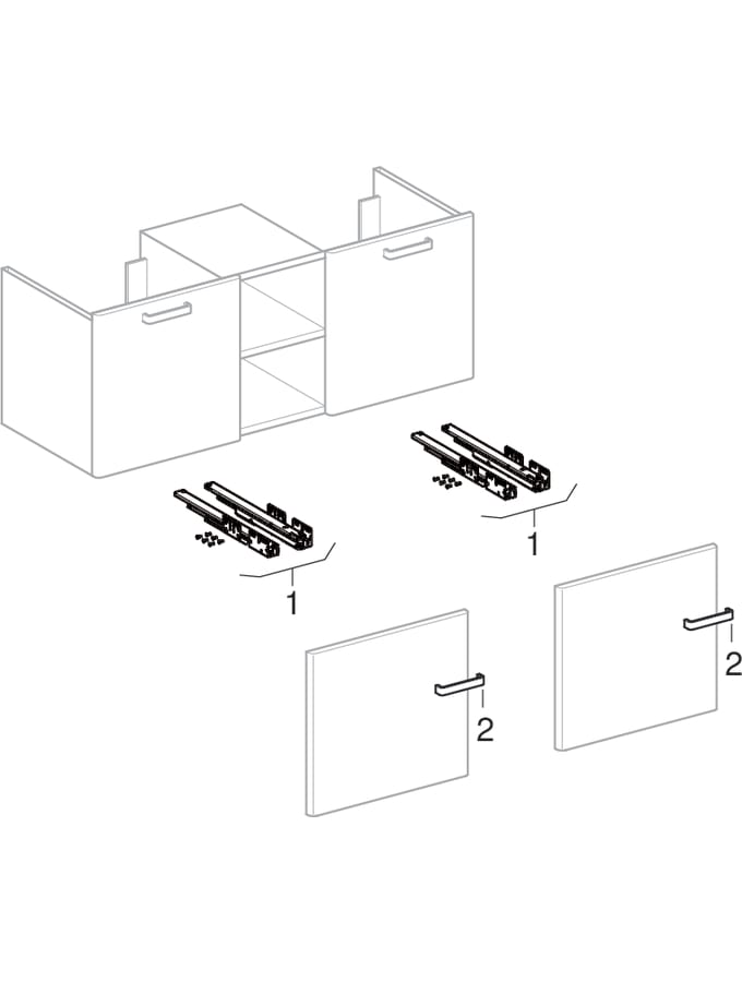 Meubles bas pour lavabo double, avec deux tiroirs et étagère centrale (Geberit Renova Nr. 1 Plan, Renova Plan)