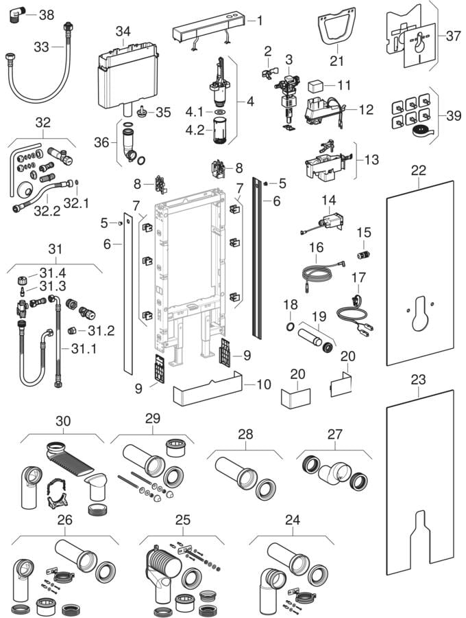 Sprängskiss: Frontplåt för Geberit Monolith modul för vägghängd WC, 114 cm: vit / Satinerad