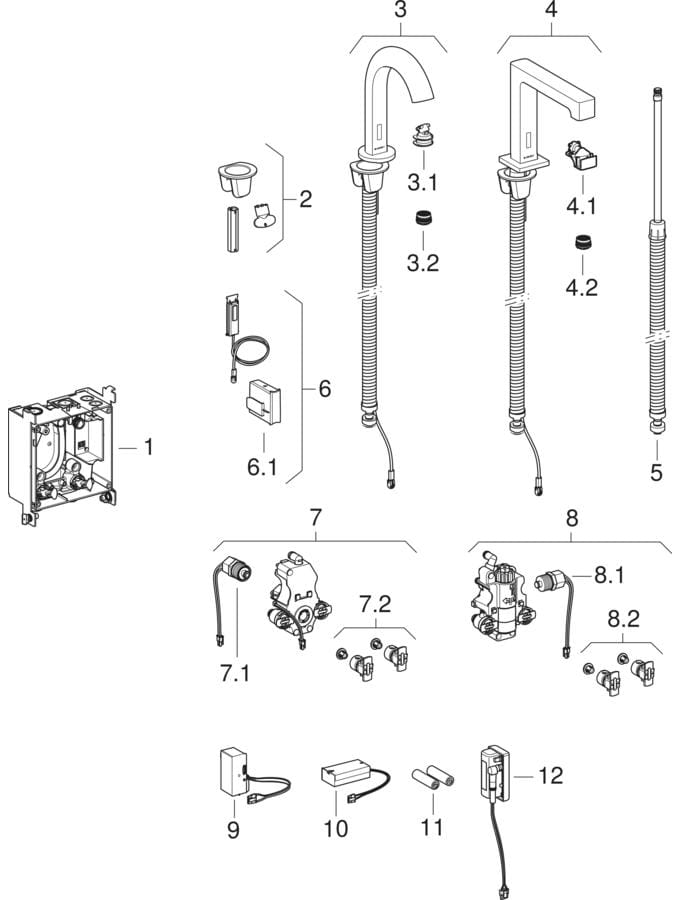 Piave and Brenta washbasin taps, deck-mounted, for concealed function box