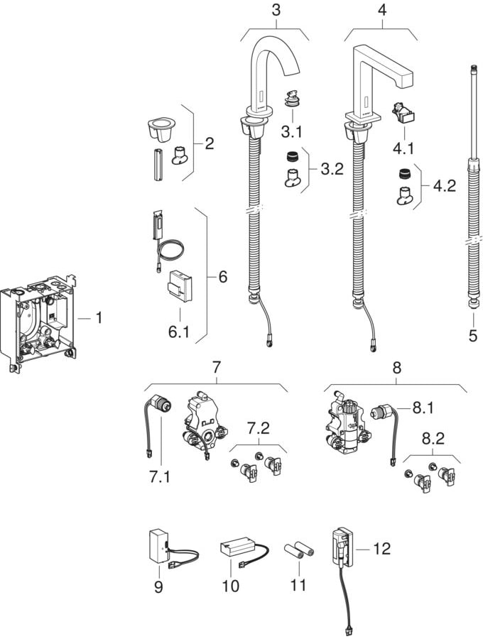 Piave and Brenta washbasin taps, deck-mounted, for concealed function box