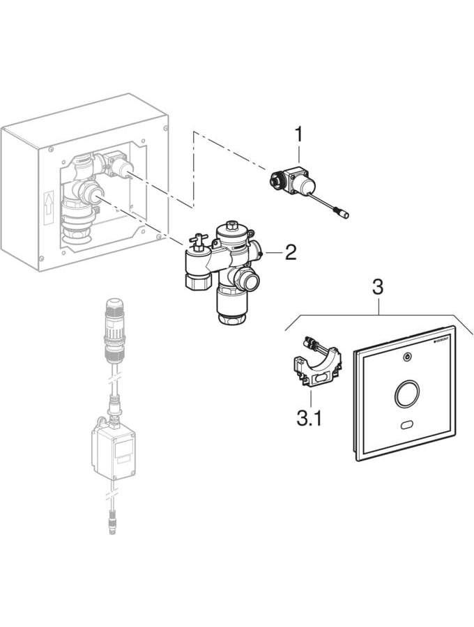 WC flush control, mains operation, single flush, Rheina actuator plate,