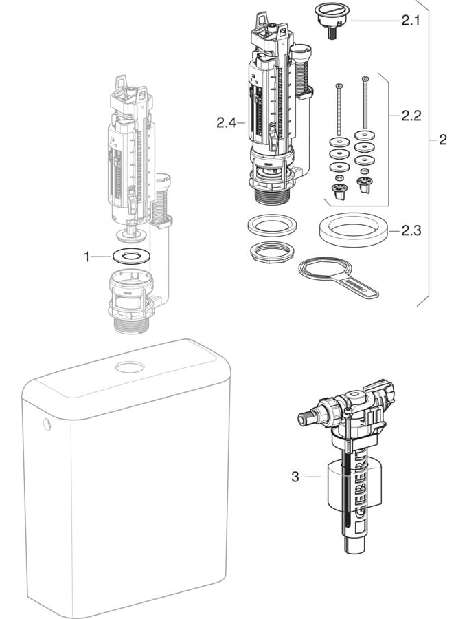 Exposed cisterns, close-coupled, dual flush, lateral water supply connection (Geberit iCon, iCon Square, Smyle, Smyle Square)
