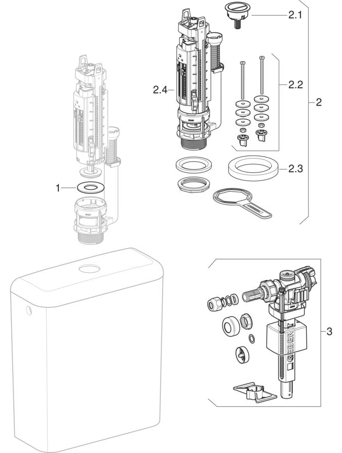 Exposed cisterns, close-coupled, dual flush, lateral water supply connection (Geberit iCon, iCon Square, Jam, Smyle, Smyle Square)