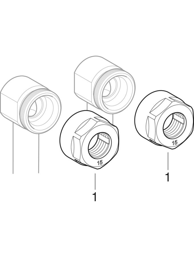 Geberit Mapress sets of connector T-pieces for inlet and return flow, with union connector for Euro cone