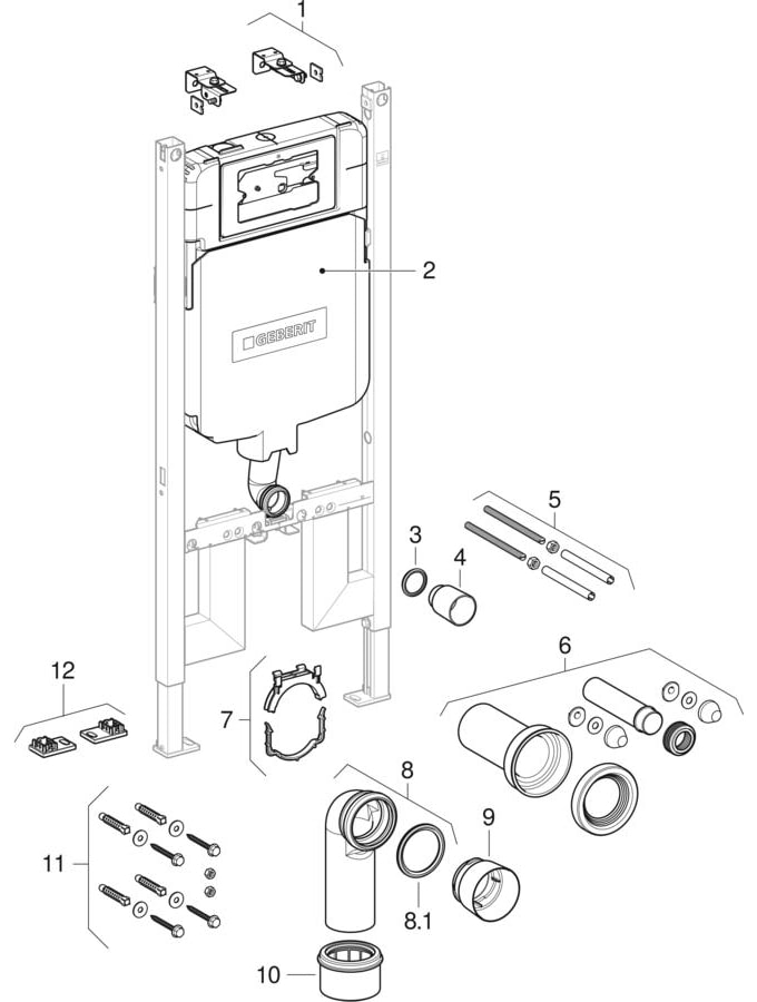 Geberit Duofix elements for wall-hung WC, with Alpha concealed cistern 8 cm