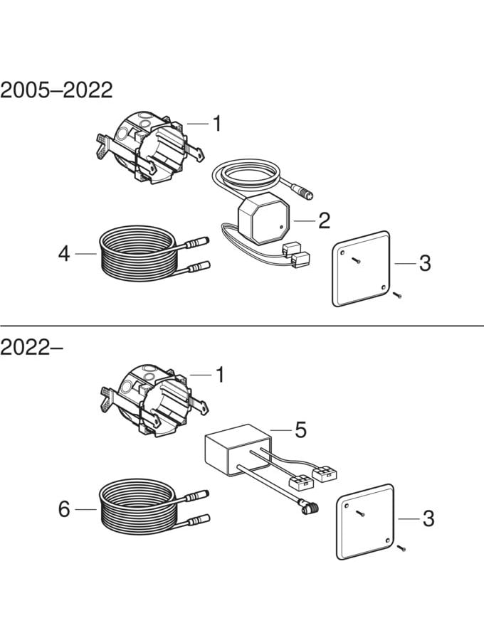 Potinkinio montavimo rinkiniai su maitinimo bloku, skirti WC nuleidimo valdymo sistemoms su elektroniniu plovimo vandens nuleidimu