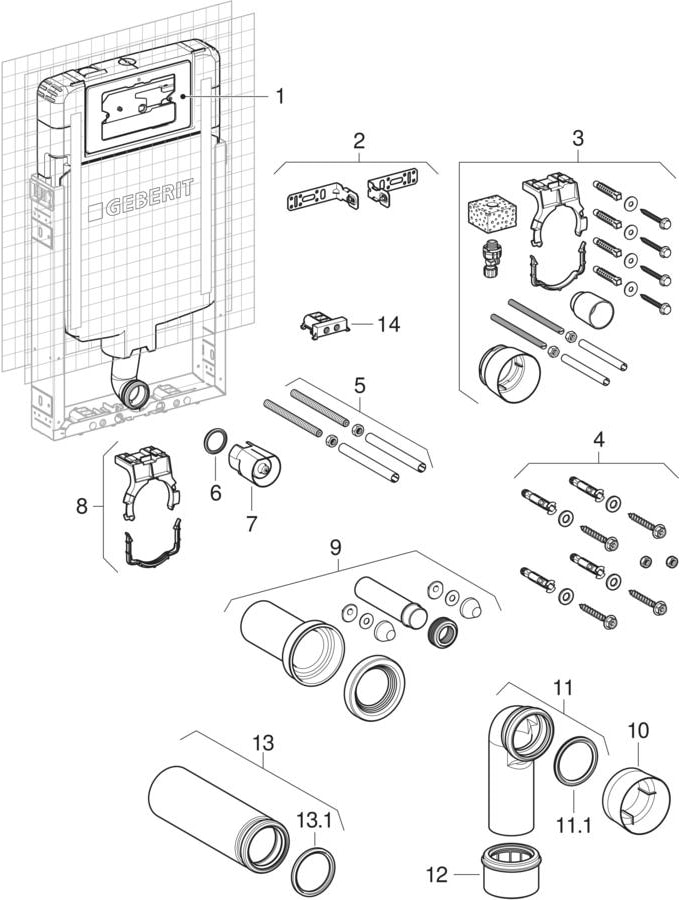 Geberit Kombifix elements for wall-hung WC, with Alpha concealed cistern 8 cm