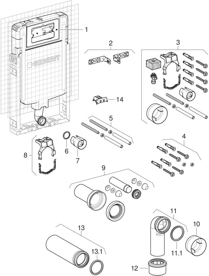 Asma klozet için Geberit Kombifix elemanları, Alpha gömme rezervuar 8 cm ile