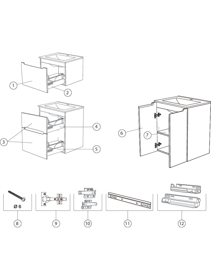 Underskabe til håndvask til montering på underskab, med en eller to skuffer og med to låger (Ifö/IDO Gloss, Silia)