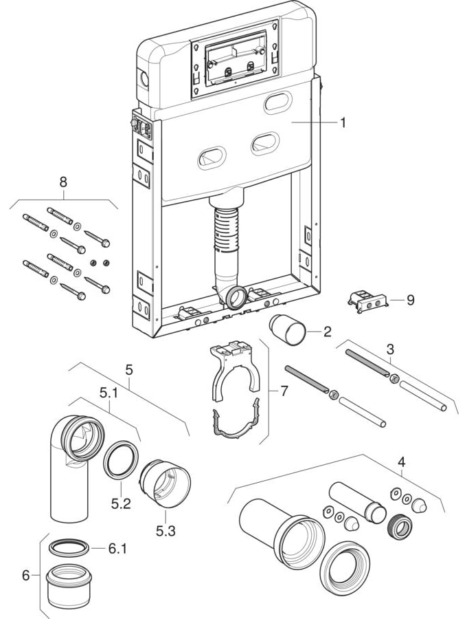 Geberit Kombifix elements for wall-hung WC, with Alpha concealed cistern 8 cm, IN