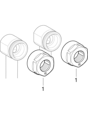 Geberit Mapress sets of connector T-pieces for inlet and return flow, with union connector for Euro cone
